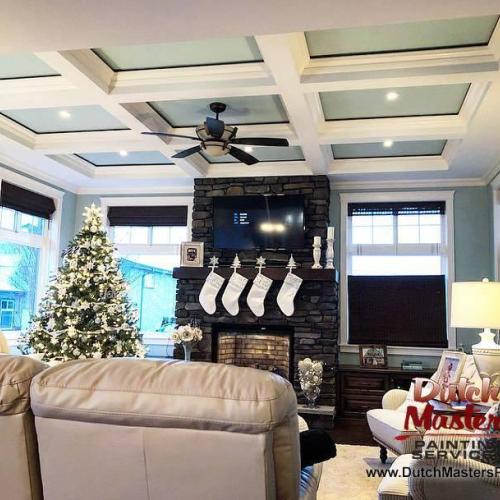  | Brightened up this beautiful living room just in time for Christmas using Benjamin Moore Palladian Blue (HC-144). | Interior Painting 