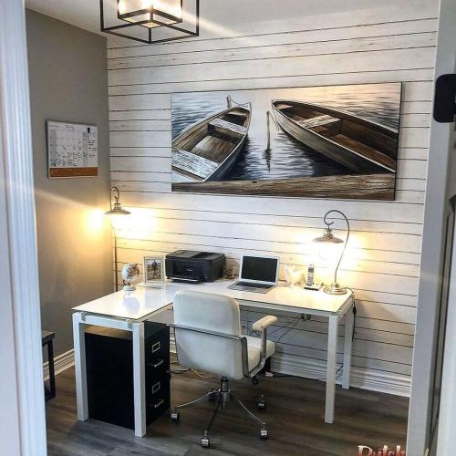  | Love this transformation from a kid’s play room into a home office. The feature wall is a shiplap design stick on wallpaper from Home Depot, an easy cost efficient way to update any room in your home! | Interior Painting 